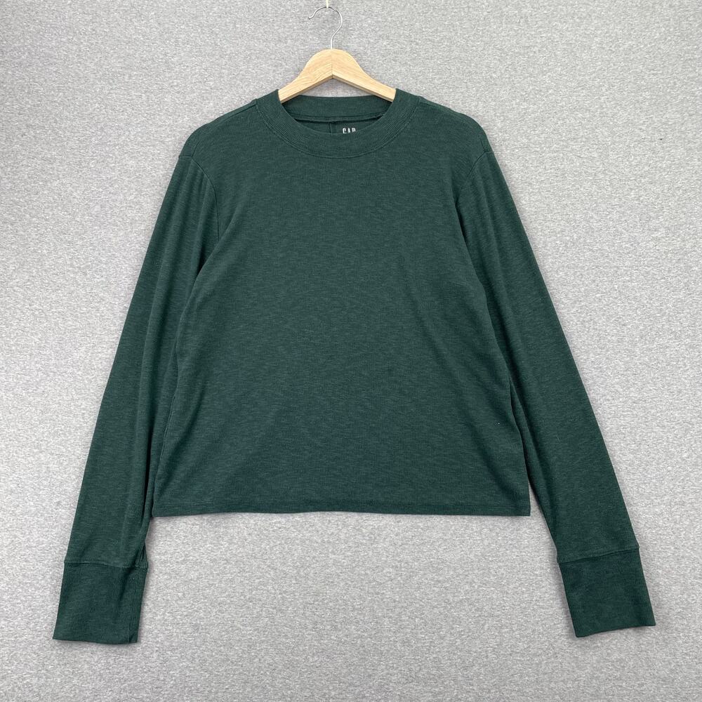 GAP Womens Essential Rib Mockneck T-Shirt Size XL Emerald Green Long Sleeve Top